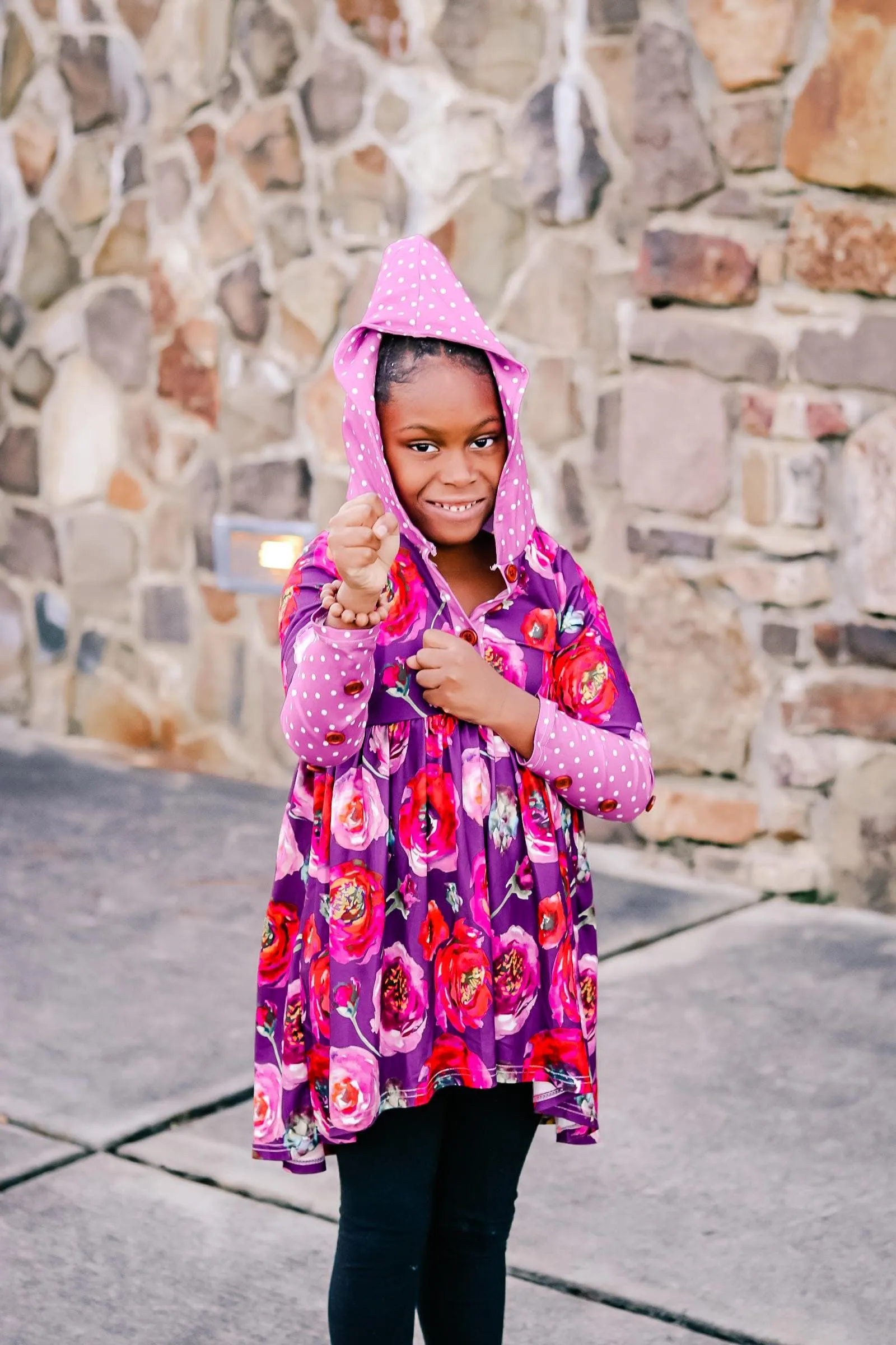 [Floral   Berry Dot] High Low Hooded Tunic