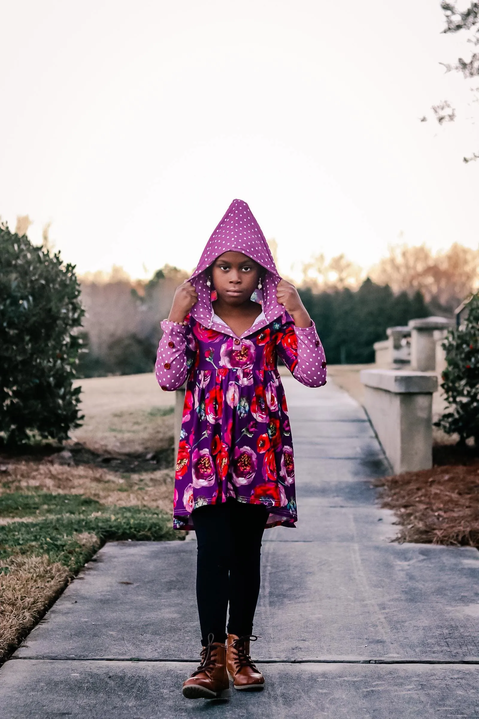 [Floral   Berry Dot] High Low Hooded Tunic