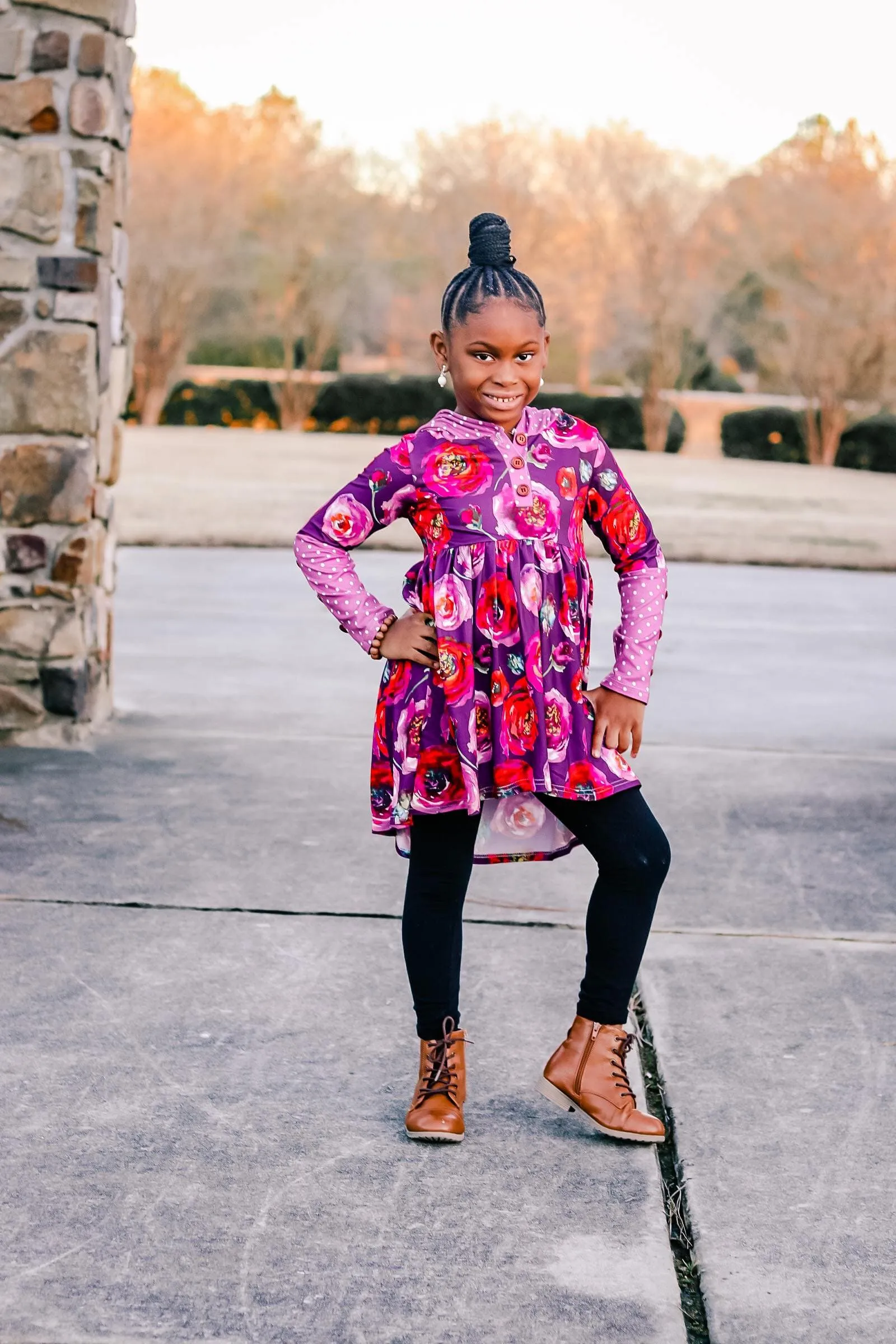 [Floral   Berry Dot] High Low Hooded Tunic
