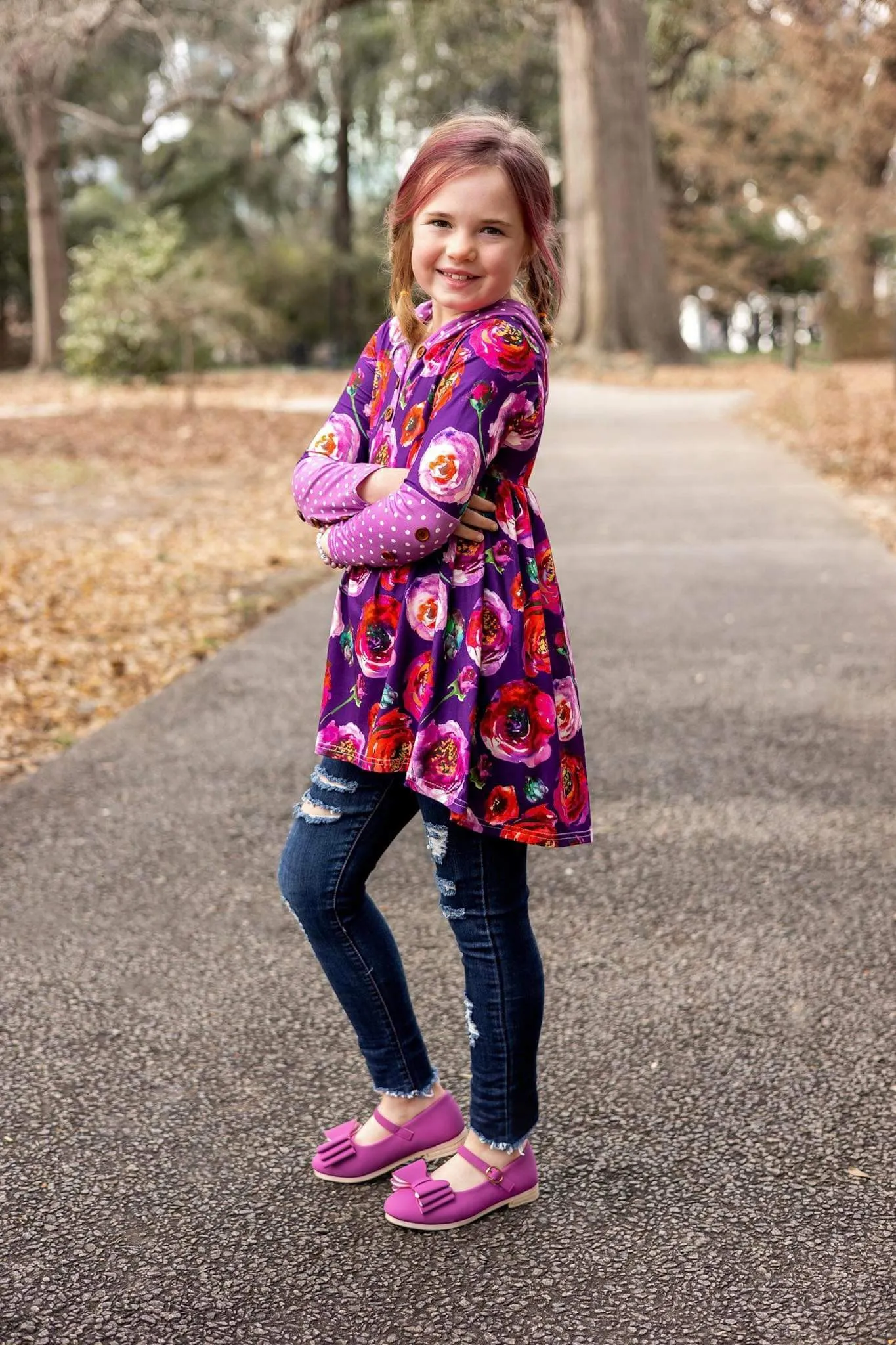 [Floral   Berry Dot] High Low Hooded Tunic