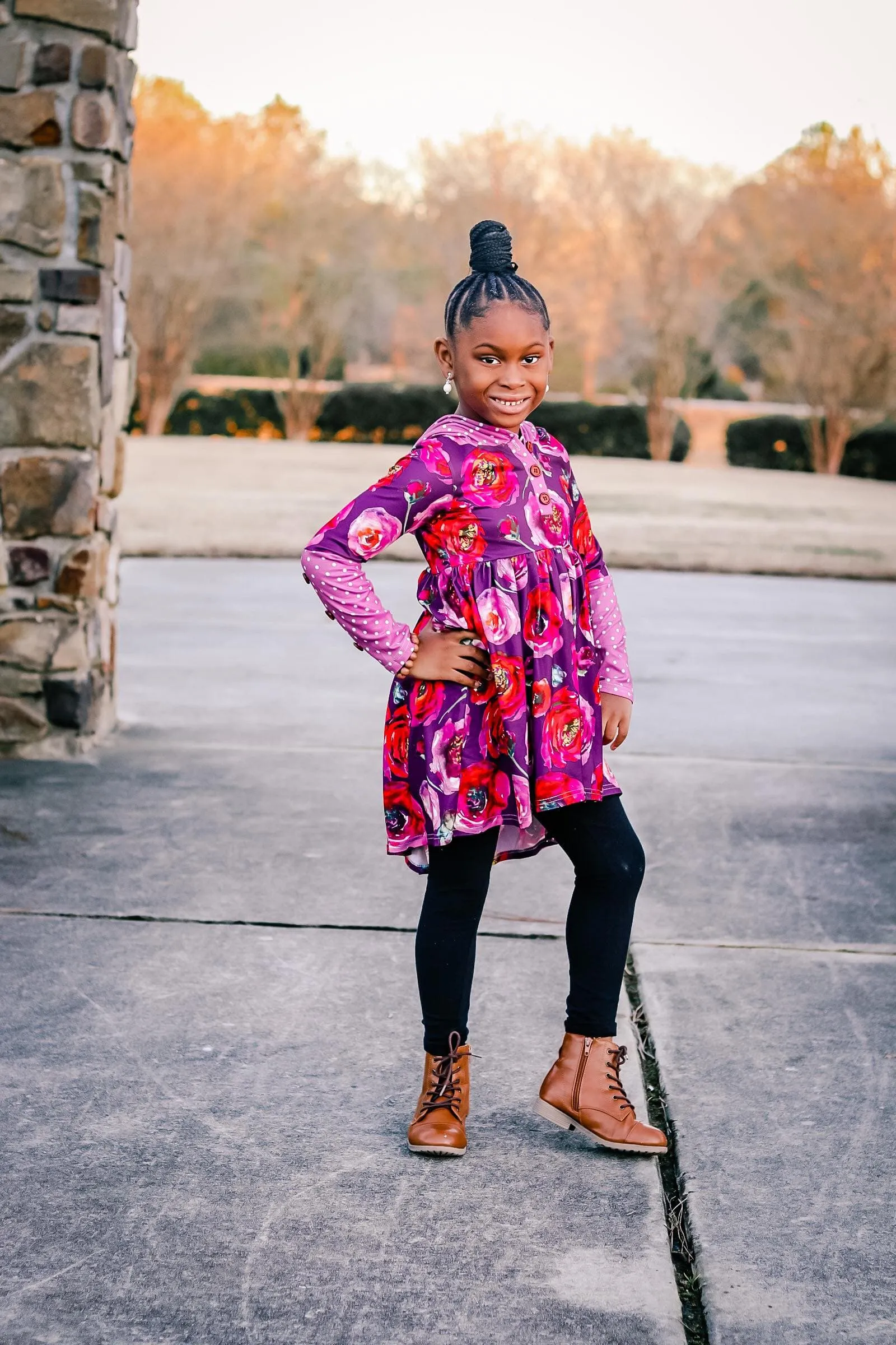 [Floral   Berry Dot] High Low Hooded Tunic