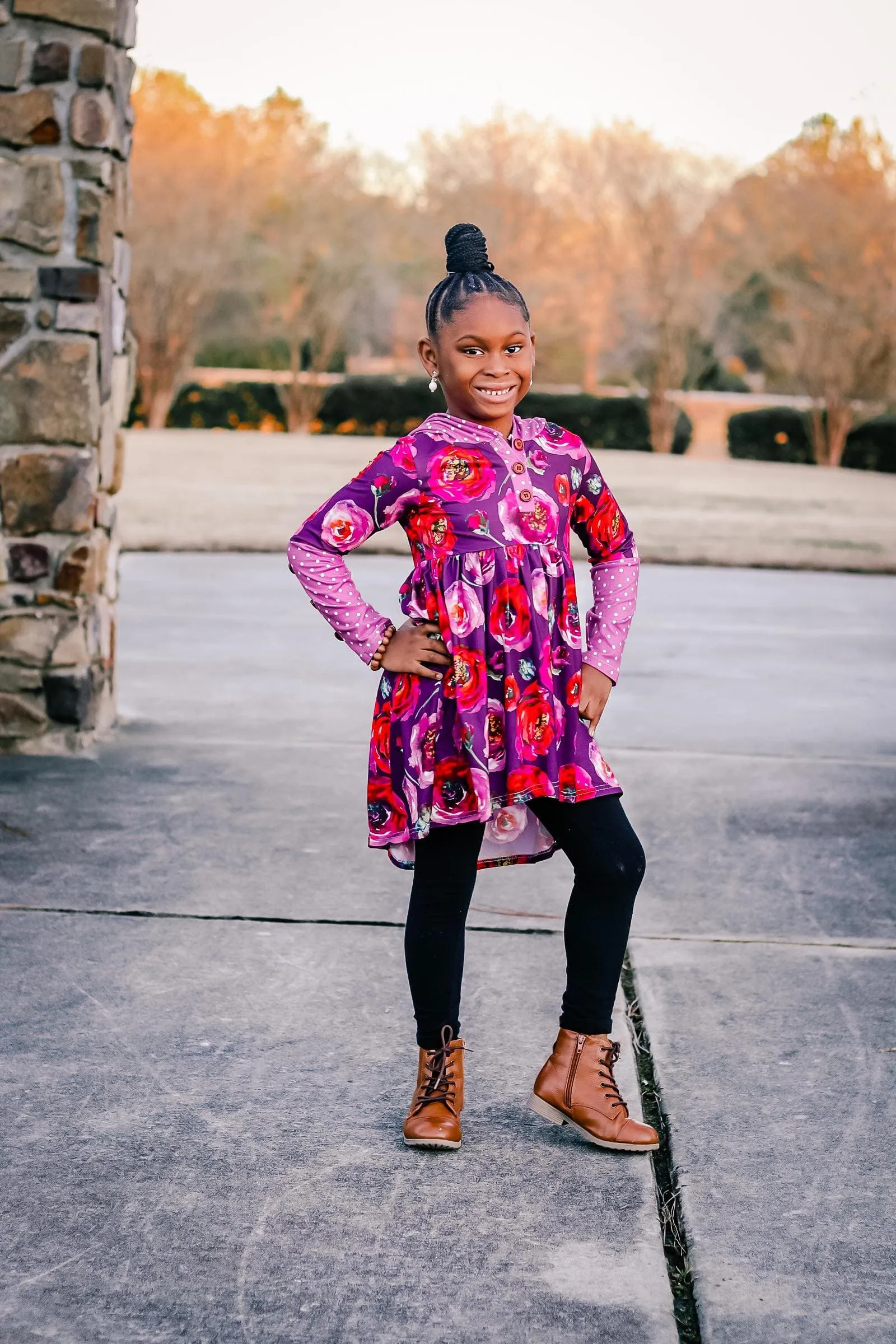 [Floral   Berry Dot] High Low Hooded Tunic