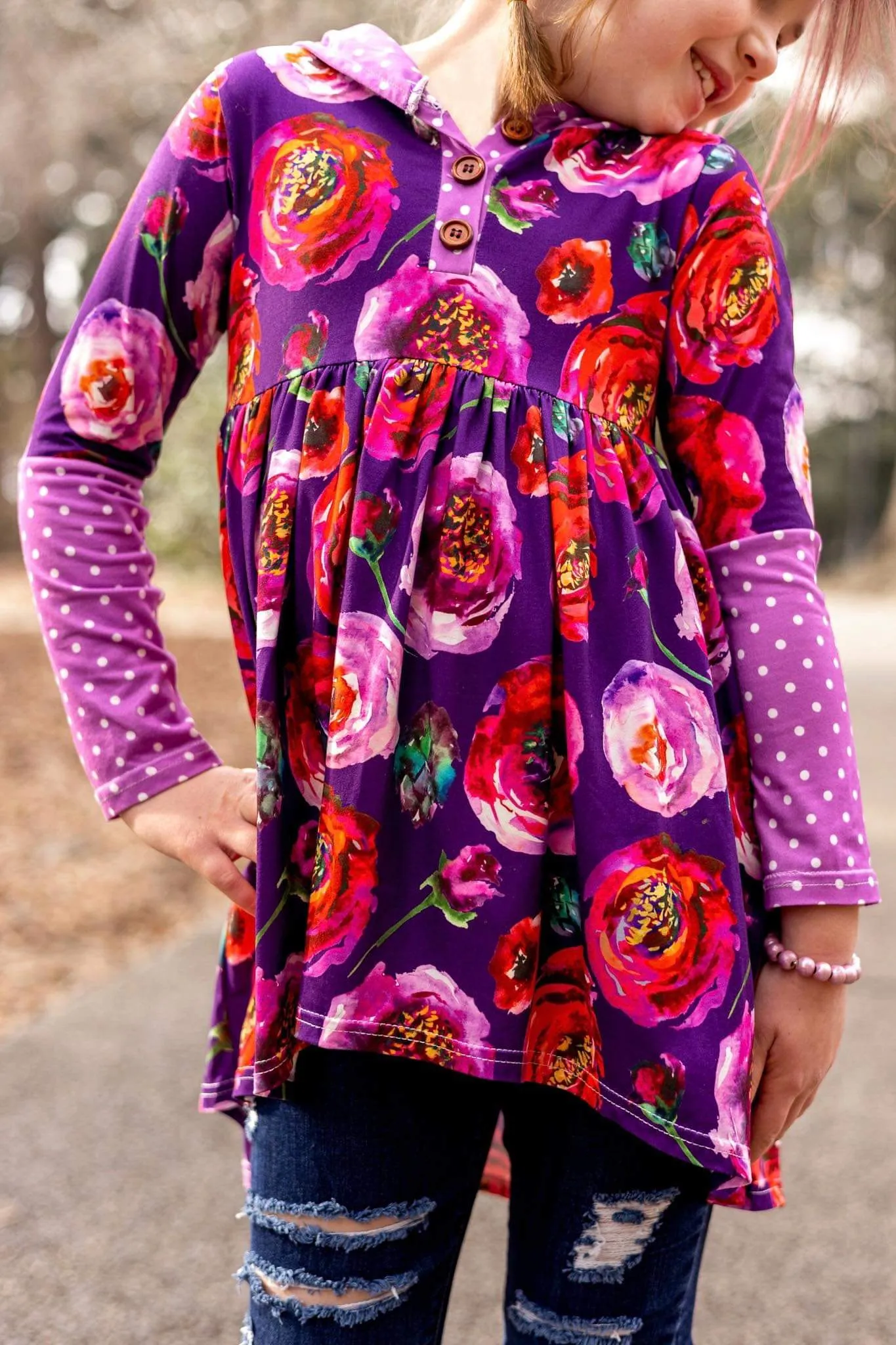 [Floral   Berry Dot] High Low Hooded Tunic