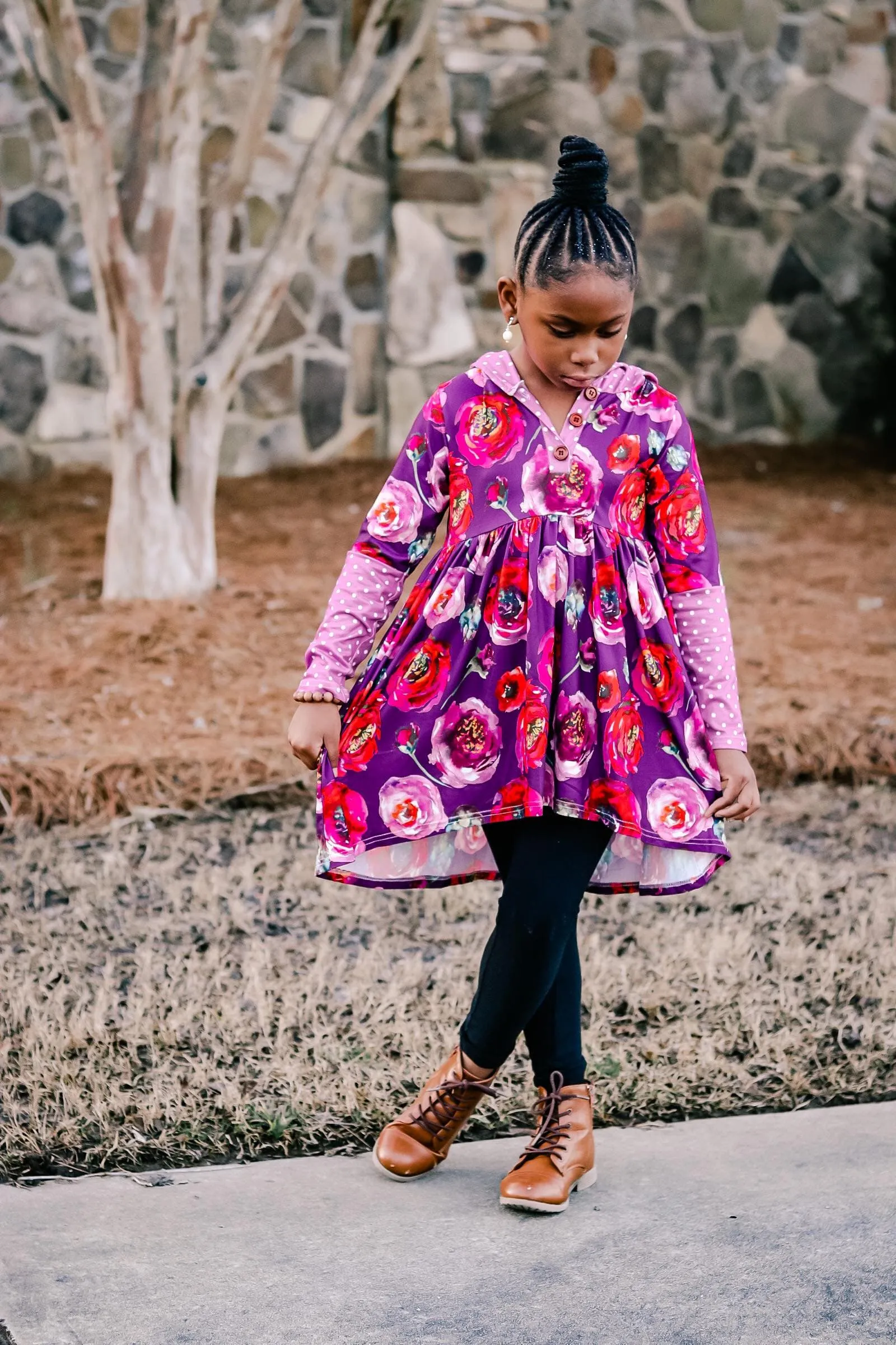 [Floral   Berry Dot] High Low Hooded Tunic