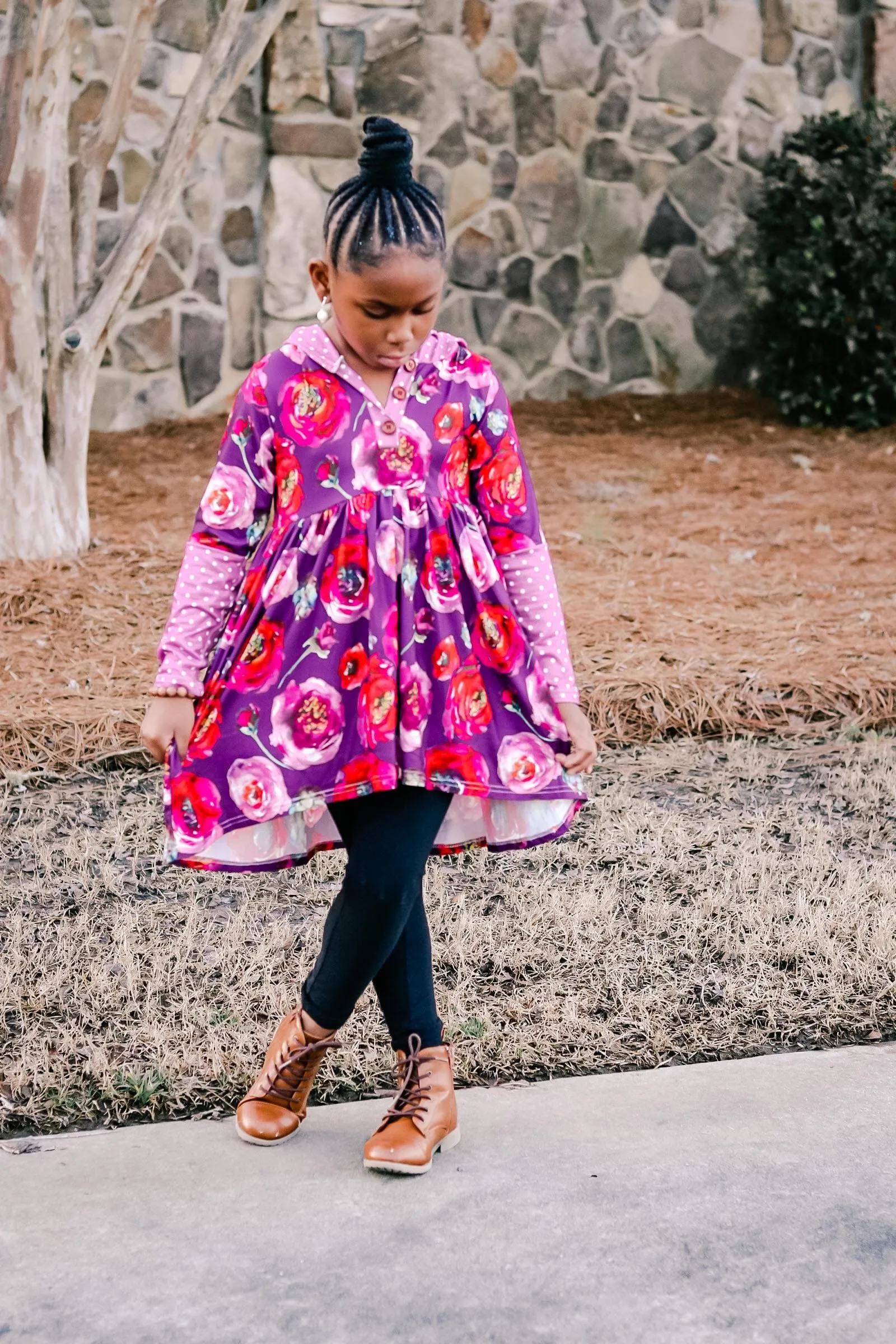 [Floral   Berry Dot] High Low Hooded Tunic