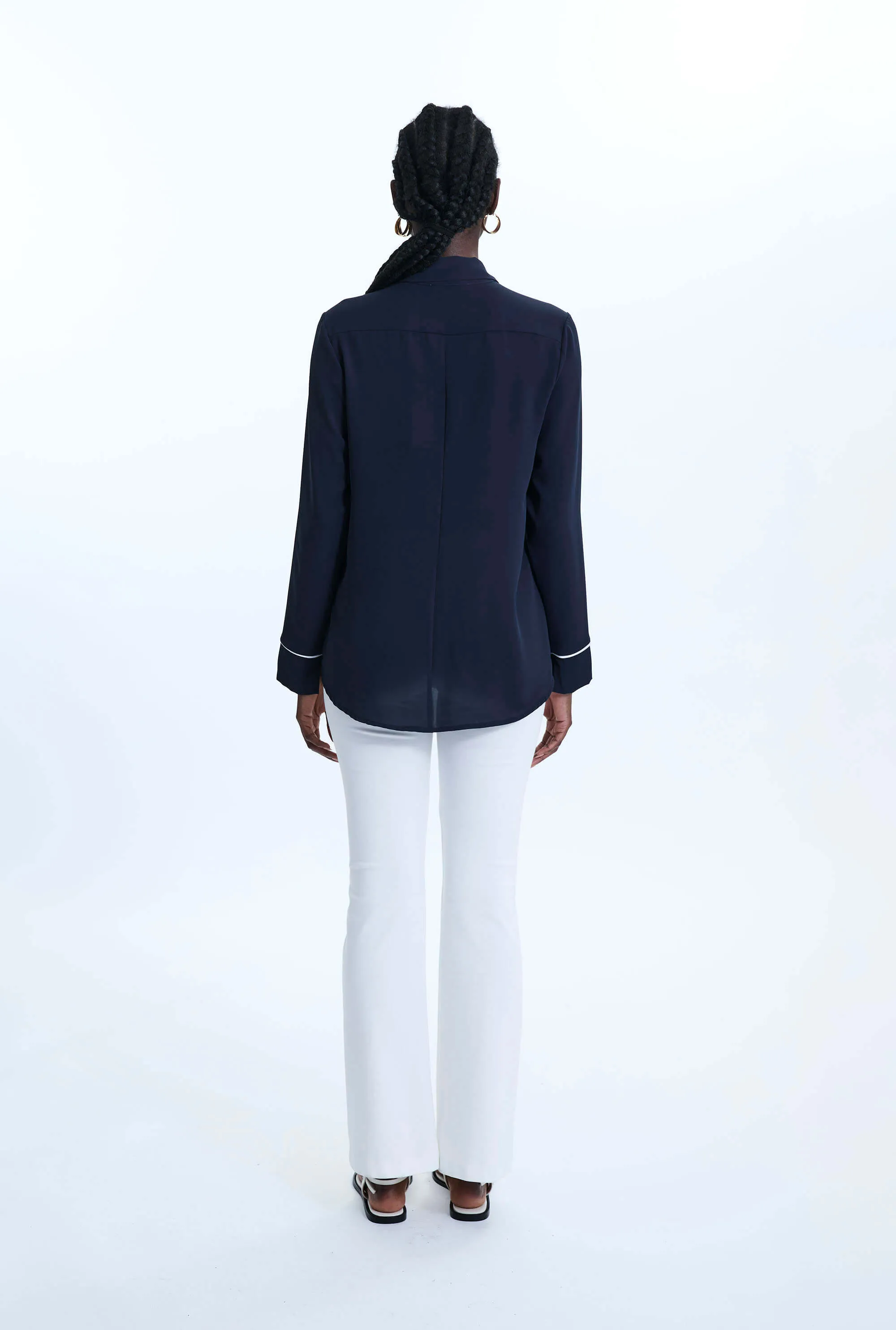 Front Ruffle Button Up Shirt Navy