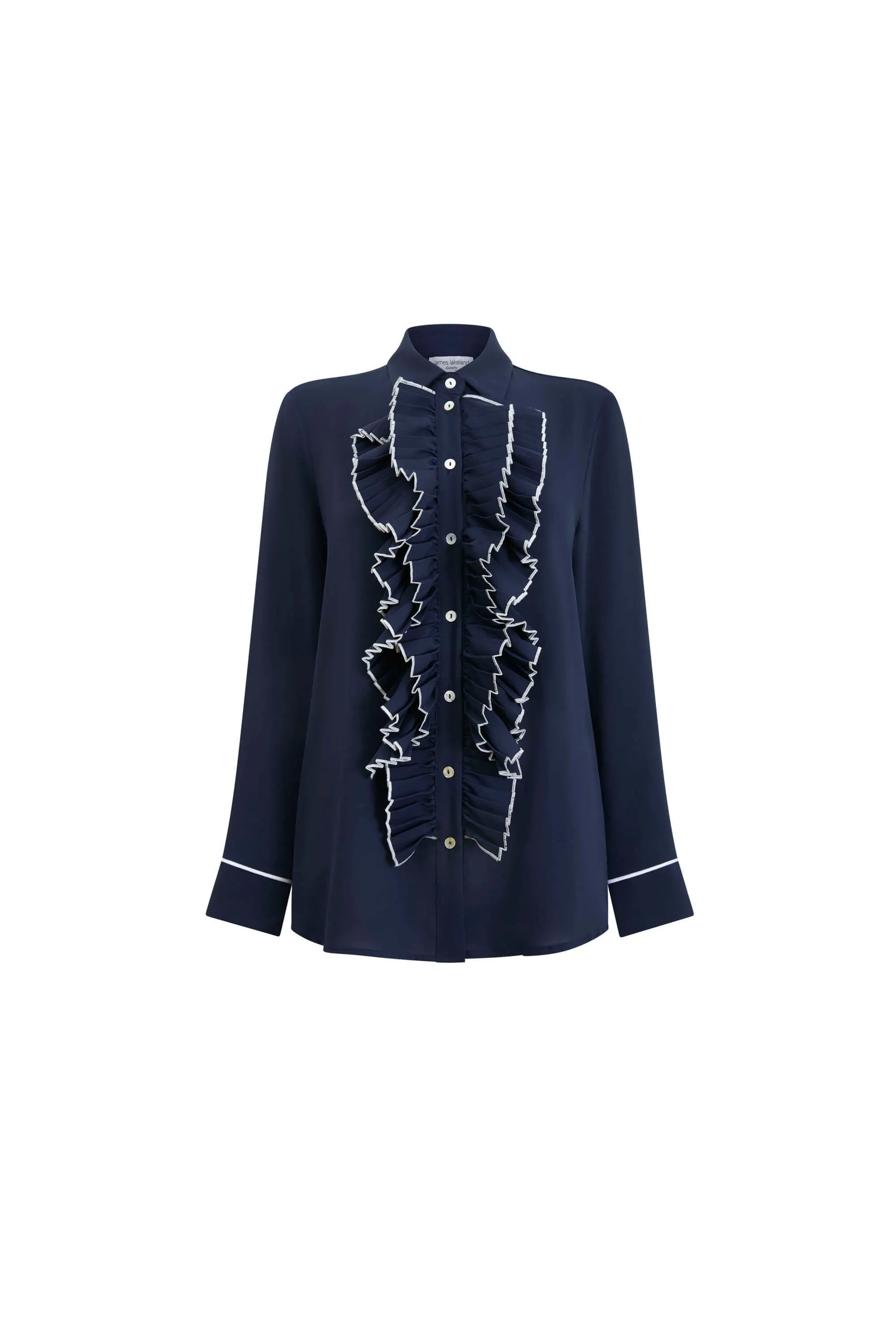 Front Ruffle Button Up Shirt Navy