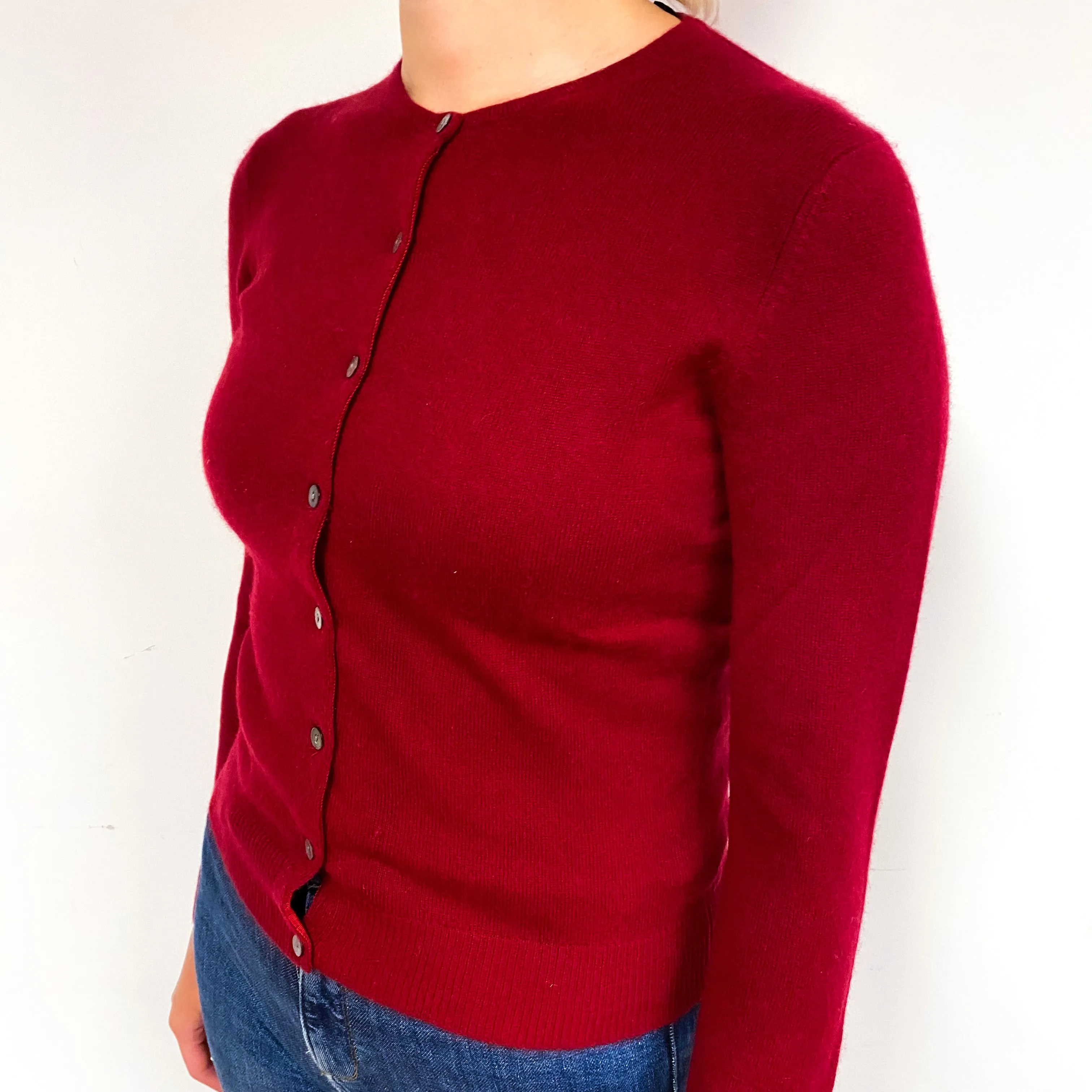 Garnet Red Cashmere Crew Neck Cardigan Small