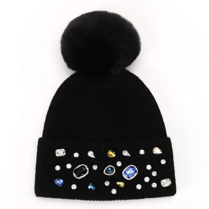Gem Embellished Ribbed Bobble Hat