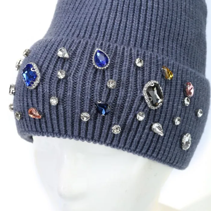 Gem Embellished Ribbed Bobble Hat