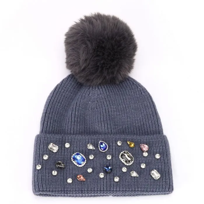 Gem Embellished Ribbed Bobble Hat
