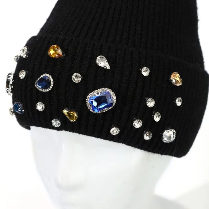 Gem Embellished Ribbed Bobble Hat