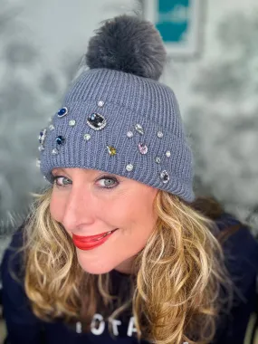Gem Embellished Ribbed Bobble Hat
