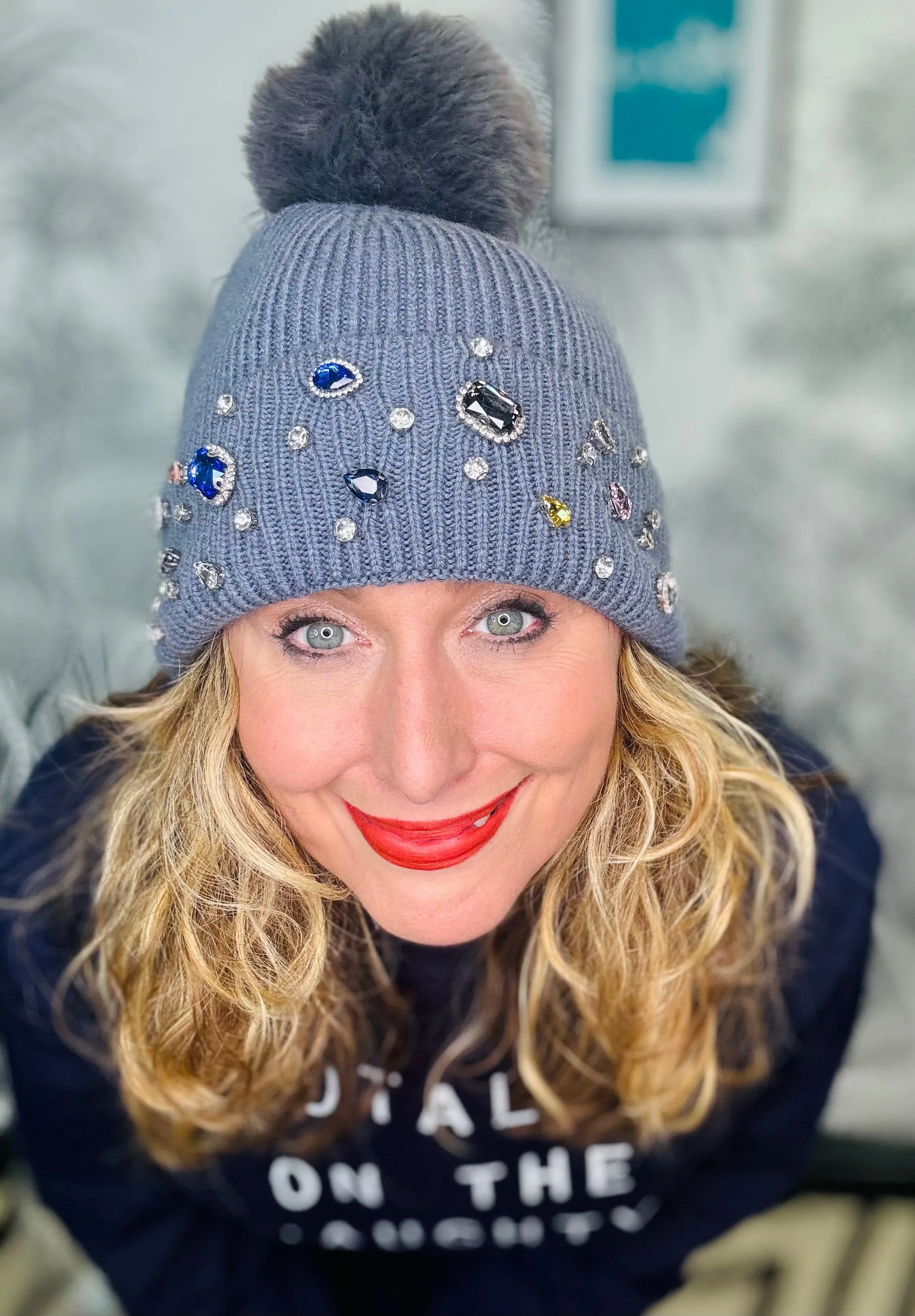 Gem Embellished Ribbed Bobble Hat