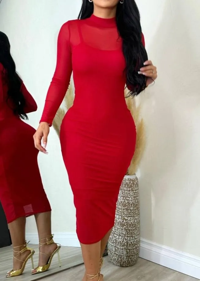 Glamorous Long Sleeve Stretchy Bodycon Mesh Dress Red