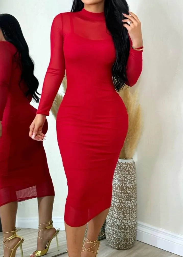 Glamorous Long Sleeve Stretchy Bodycon Mesh Dress Red