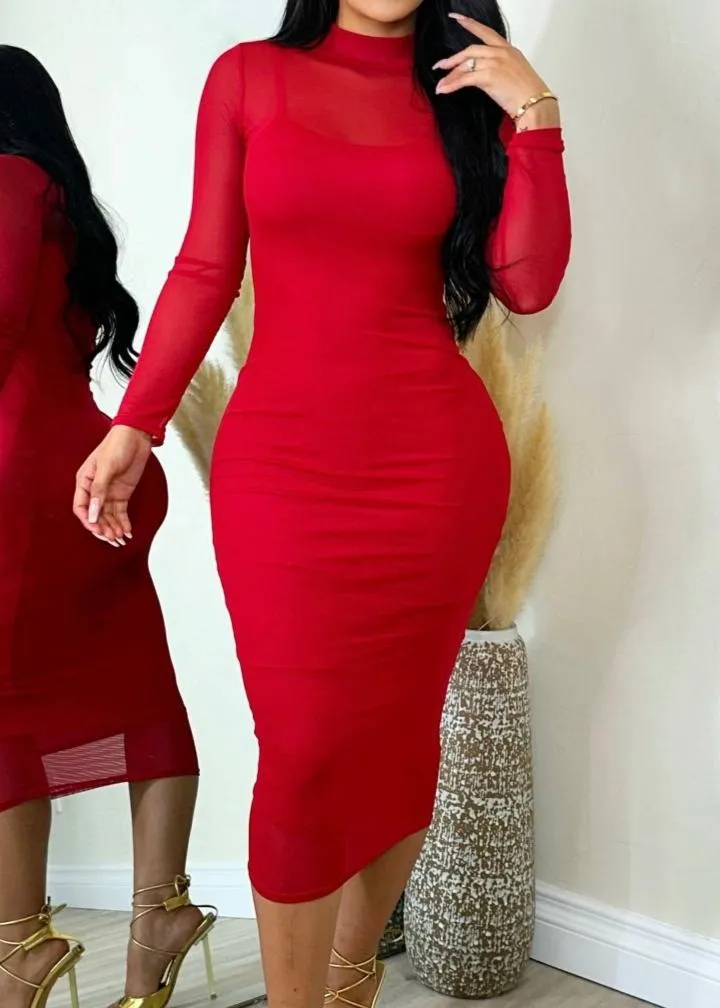Glamorous Long Sleeve Stretchy Bodycon Mesh Dress Red