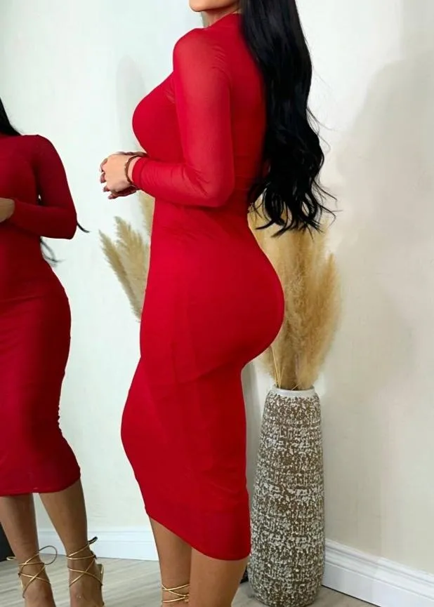Glamorous Long Sleeve Stretchy Bodycon Mesh Dress Red