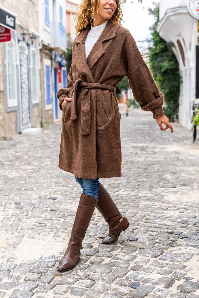 GNS Woman Coffee Stamp Watermelon Sleeve Jacket Collar Pocketed Belted Coat Bst3311 - Biloxi