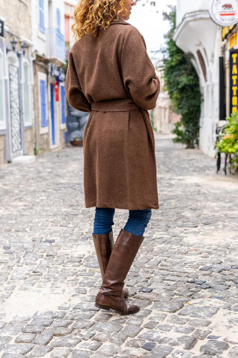 GNS Woman Coffee Stamp Watermelon Sleeve Jacket Collar Pocketed Belted Coat Bst3311 - Biloxi