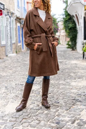 GNS Woman Coffee Stamp Watermelon Sleeve Jacket Collar Pocketed Belted Coat Bst3311 - Biloxi