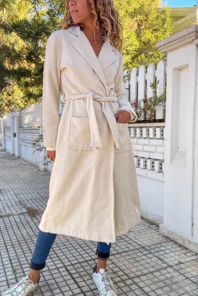 GNS Woman Ecru Jacket Collar Belted Pocketed Coat Bst3310 - Buena Vista Tomatlán