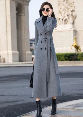 Gray Double Breasted Belted Wool Blend Long Coat