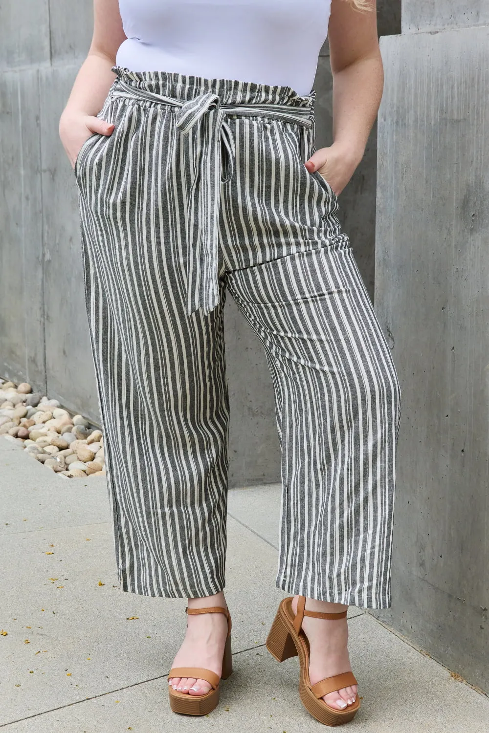 Heimish Full Size Tie Waist Striped Culotte Pants