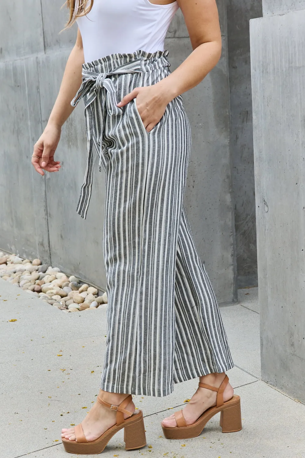 Heimish Full Size Tie Waist Striped Culotte Pants