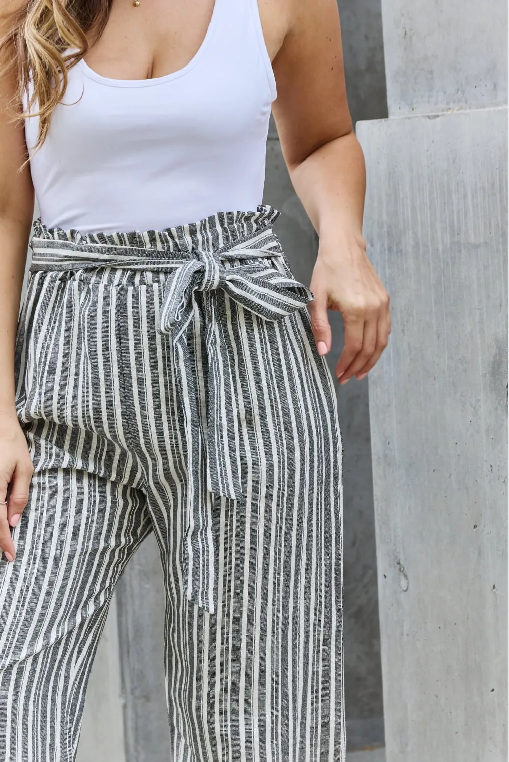 Heimish Full Size Tie Waist Striped Culotte Pants
