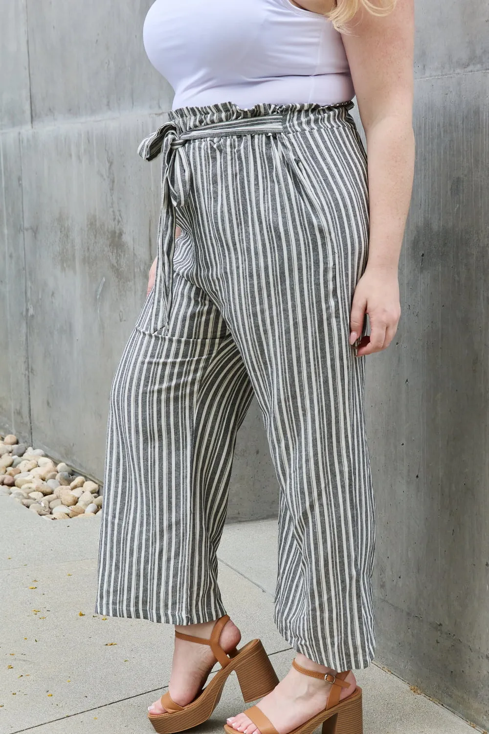 Heimish Full Size Tie Waist Striped Culotte Pants