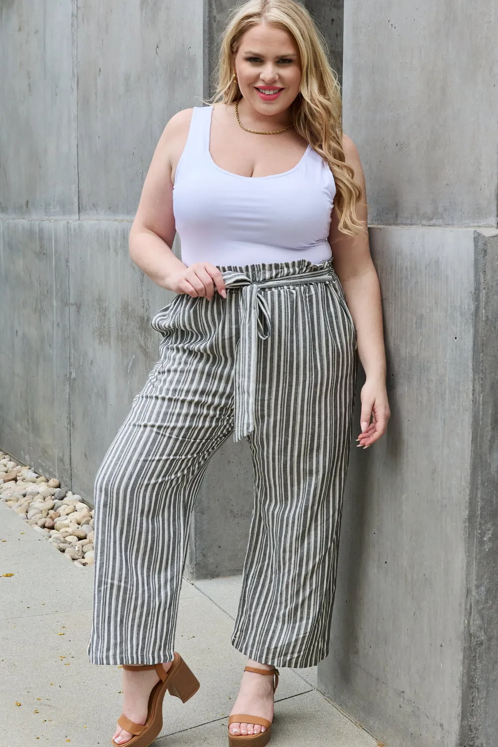 Heimish Full Size Tie Waist Striped Culotte Pants