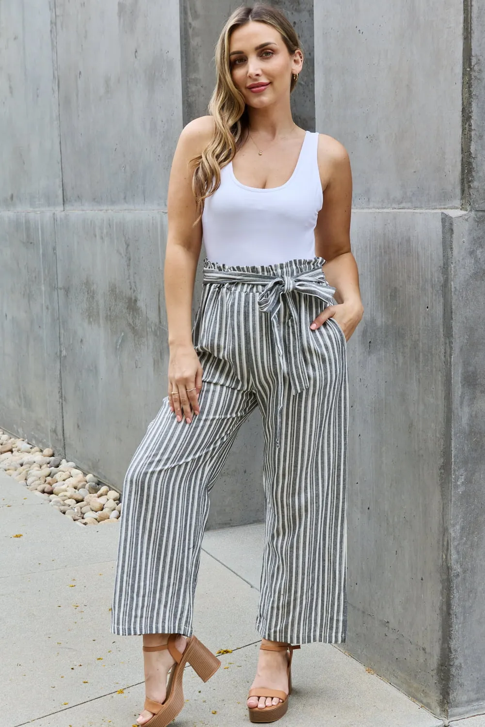 Heimish Full Size Tie Waist Striped Culotte Pants