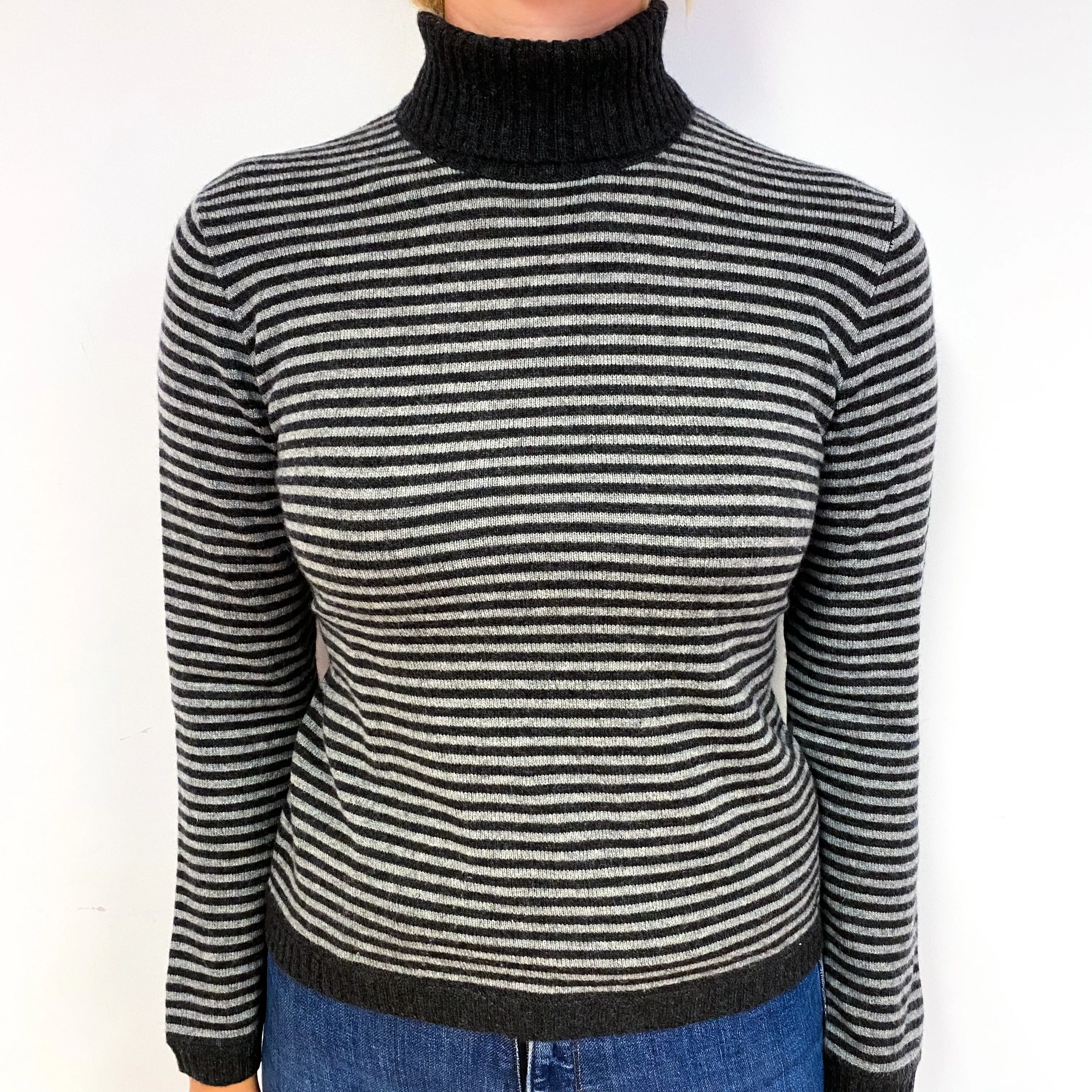 Italian Grey Stripe Cashmere Polo Neck Jumper Small