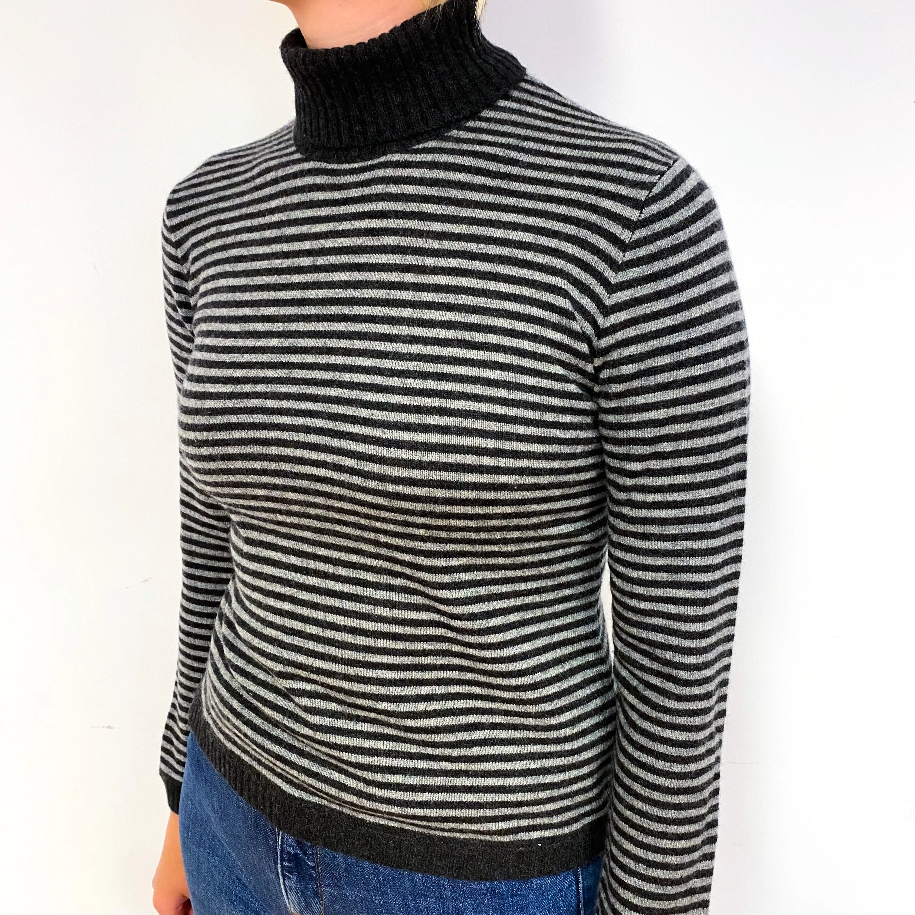 Italian Grey Stripe Cashmere Polo Neck Jumper Small