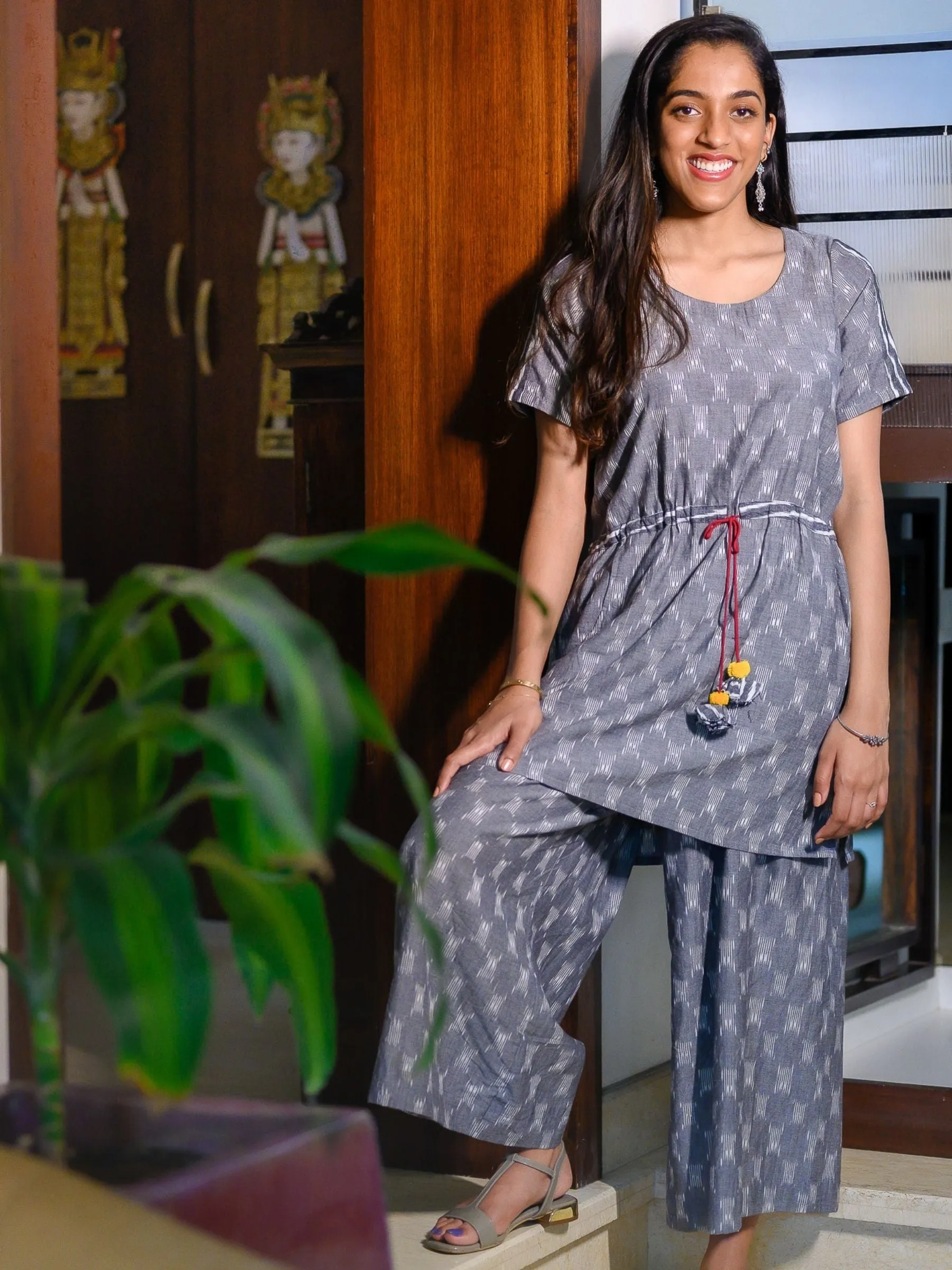 'Juniper' Drawstring Handwoven Ikat Pure Cotton Tunic