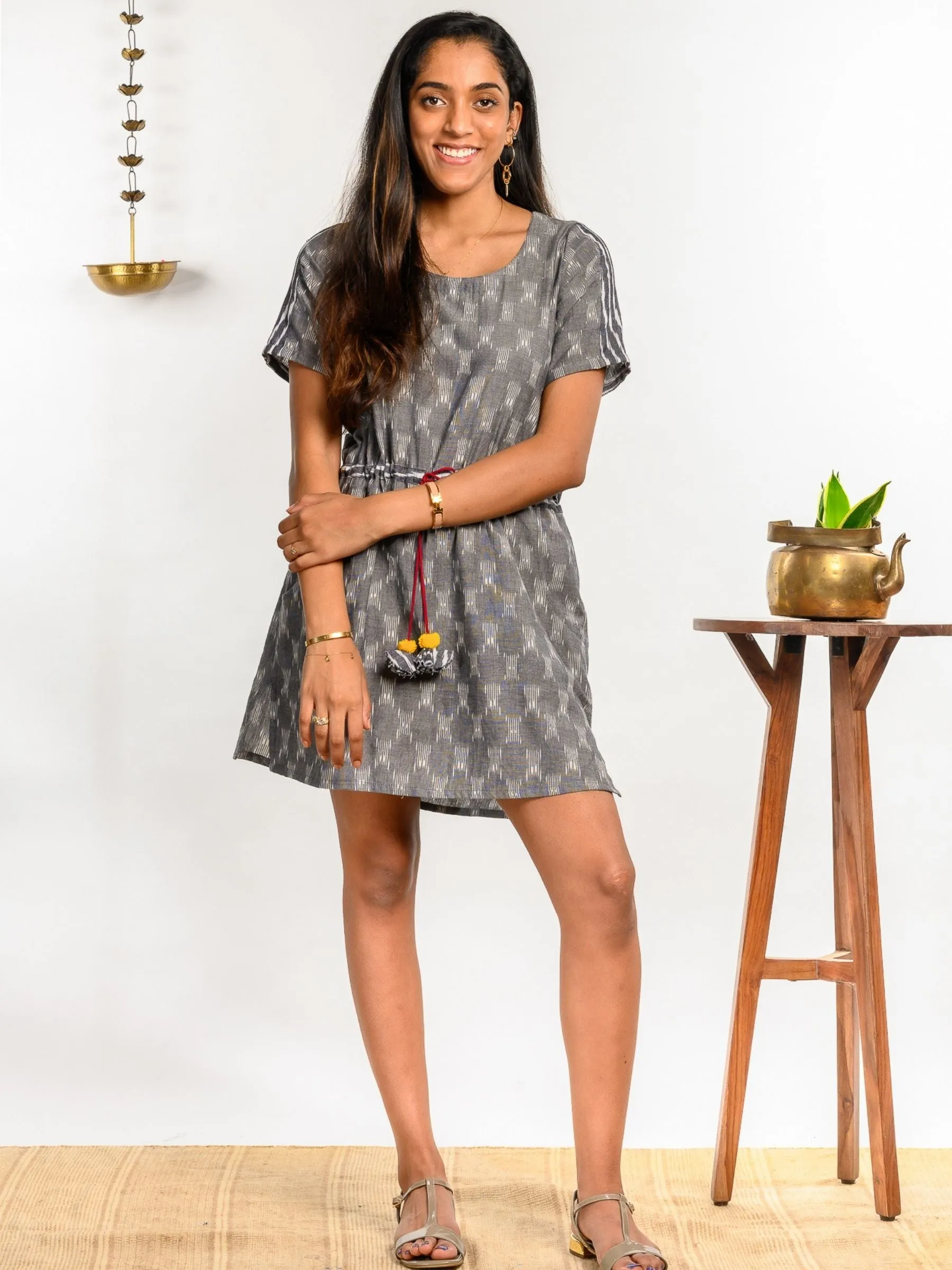 'Juniper' Drawstring Handwoven Ikat Pure Cotton Tunic