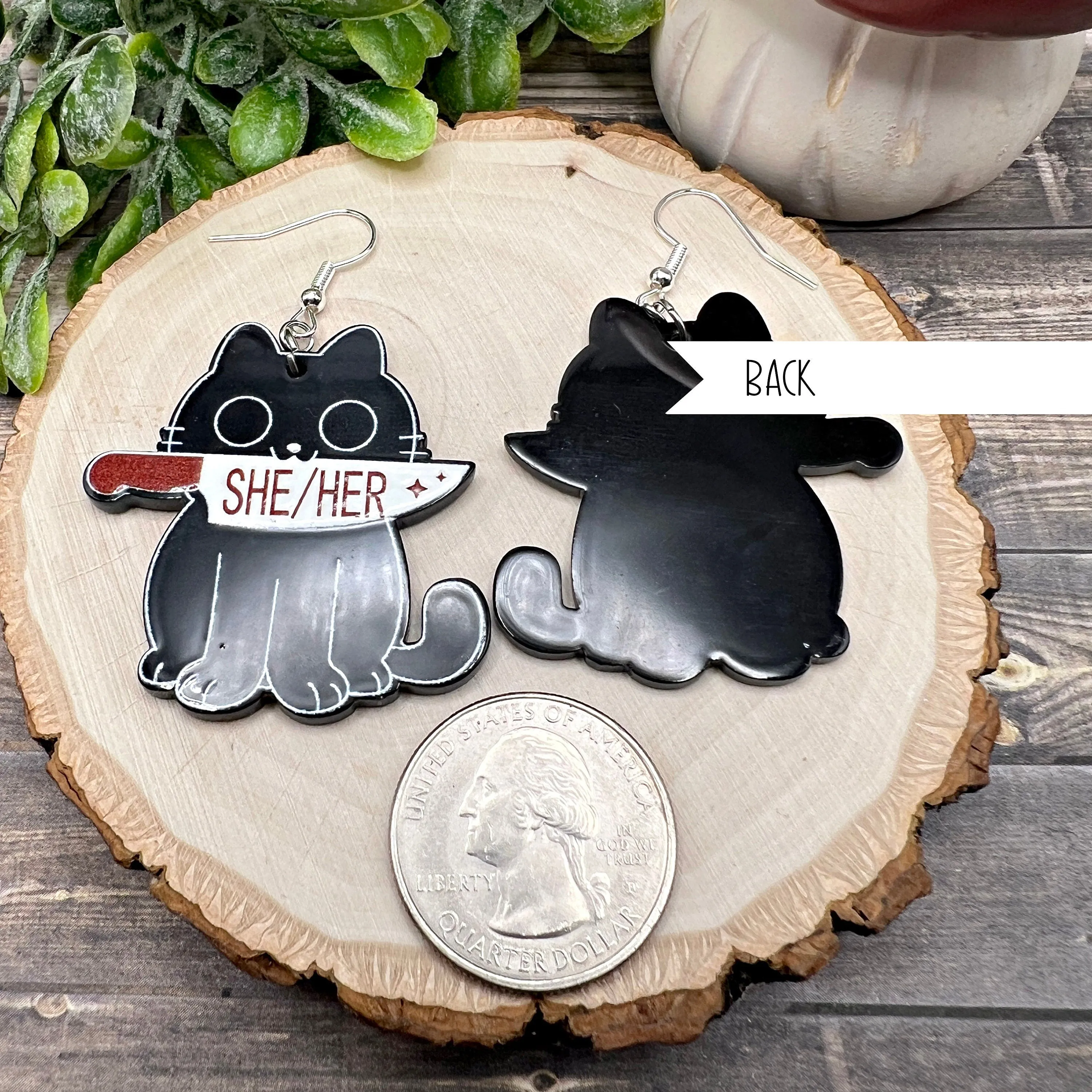Knife Wielding Black Cat She/Her Gothic  Earrings, Hypoallergenic Gift, Pronoun Murder Kitten