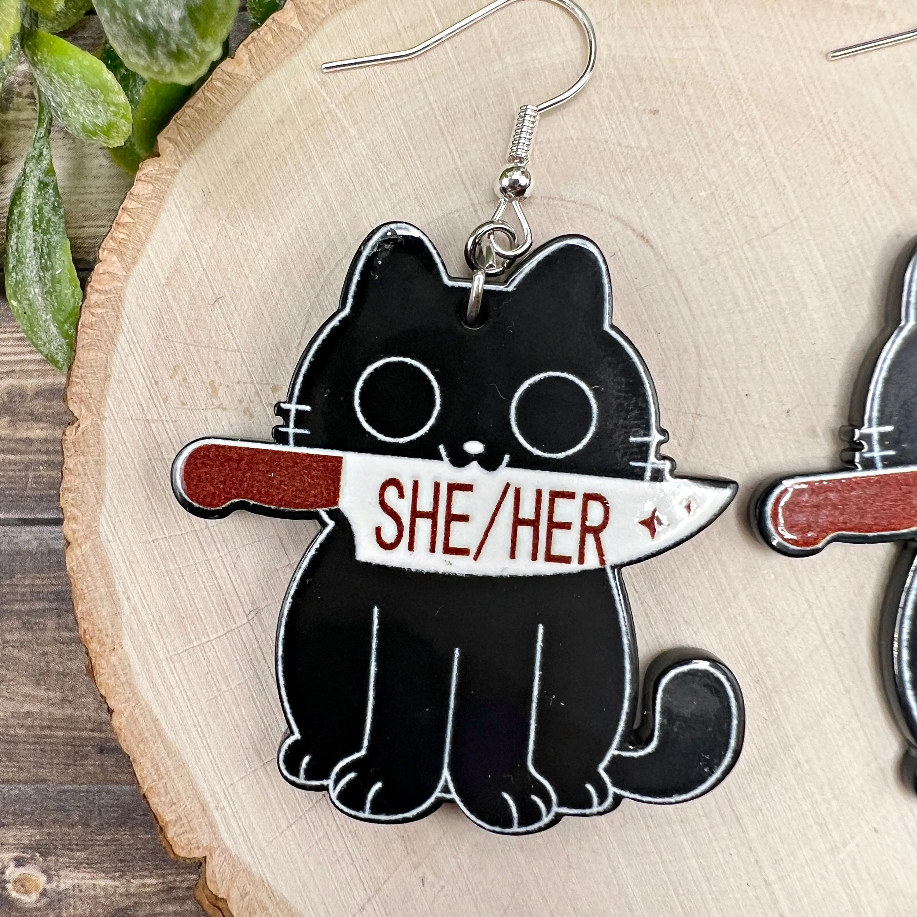 Knife Wielding Black Cat She/Her Gothic  Earrings, Hypoallergenic Gift, Pronoun Murder Kitten
