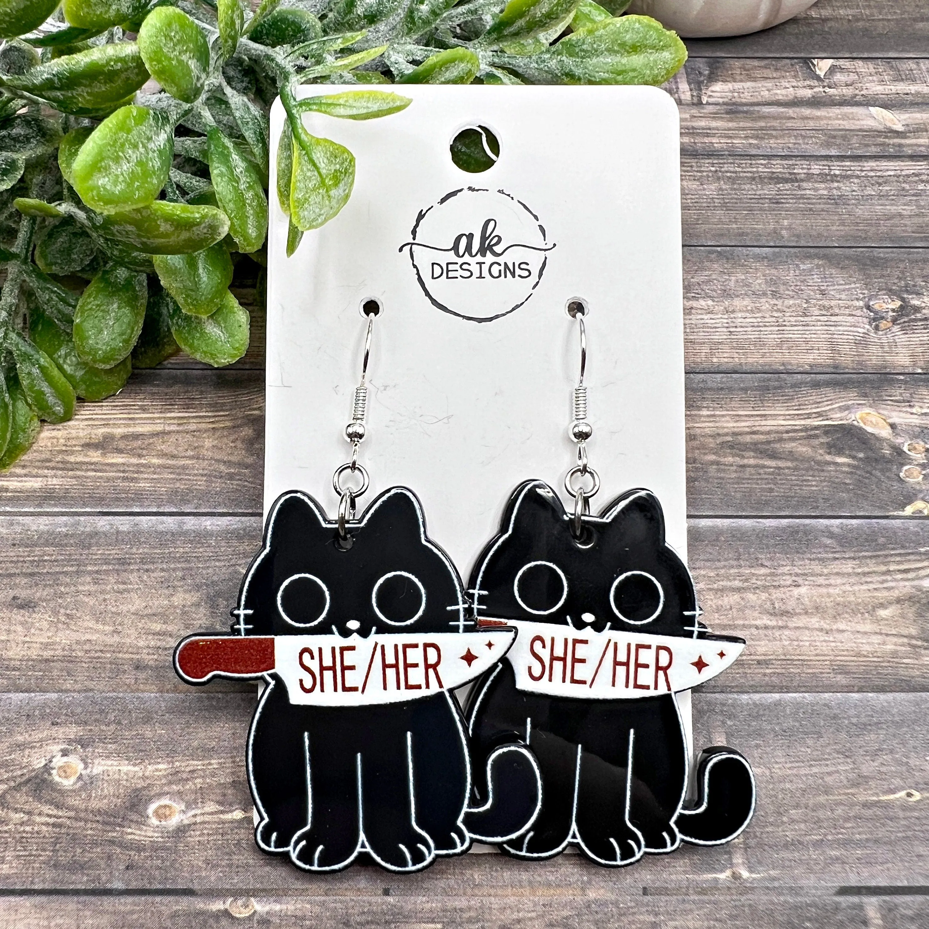 Knife Wielding Black Cat She/Her Gothic  Earrings, Hypoallergenic Gift, Pronoun Murder Kitten