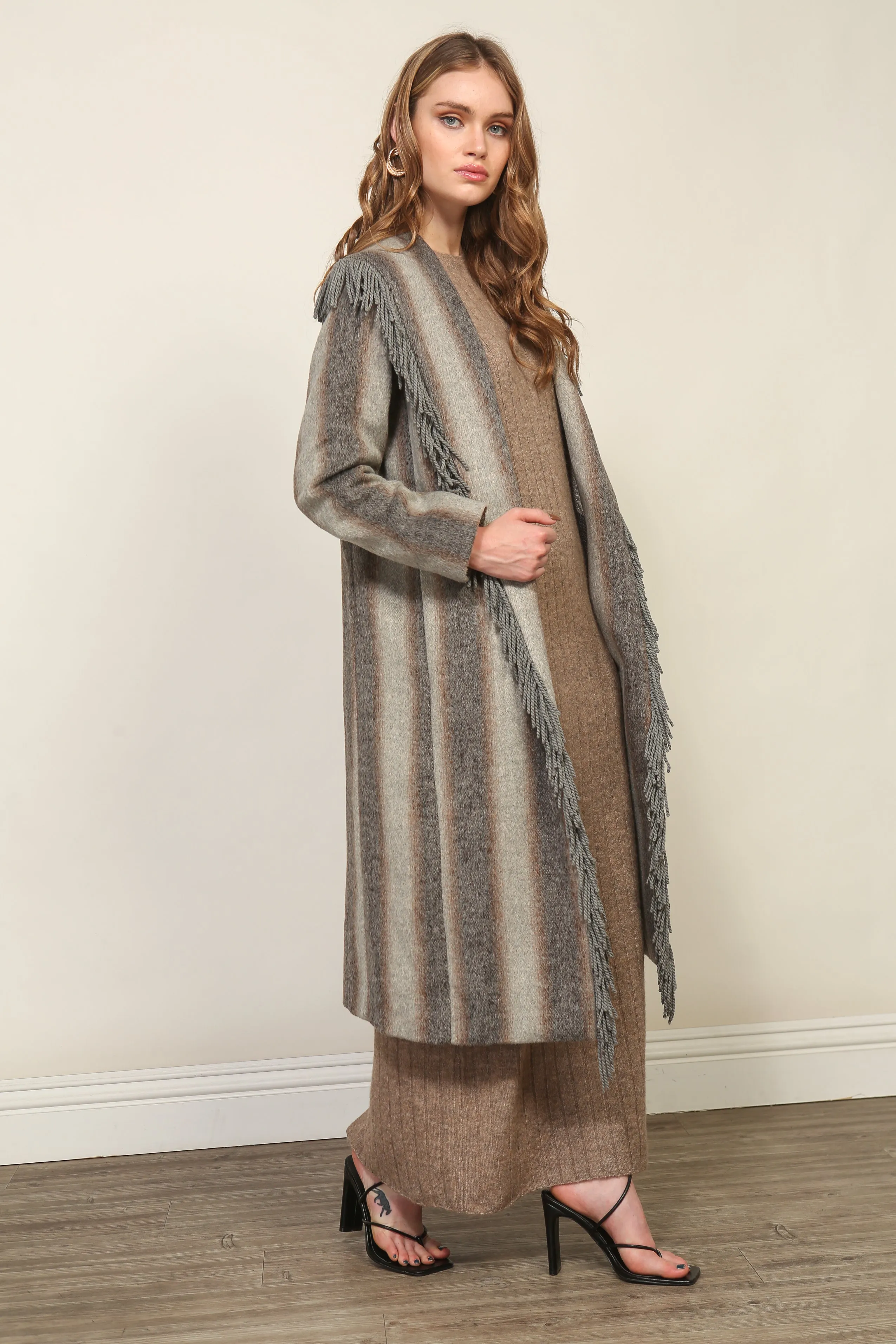 LINDA FRINGE COAT WITH GRADIRNT STRIPE