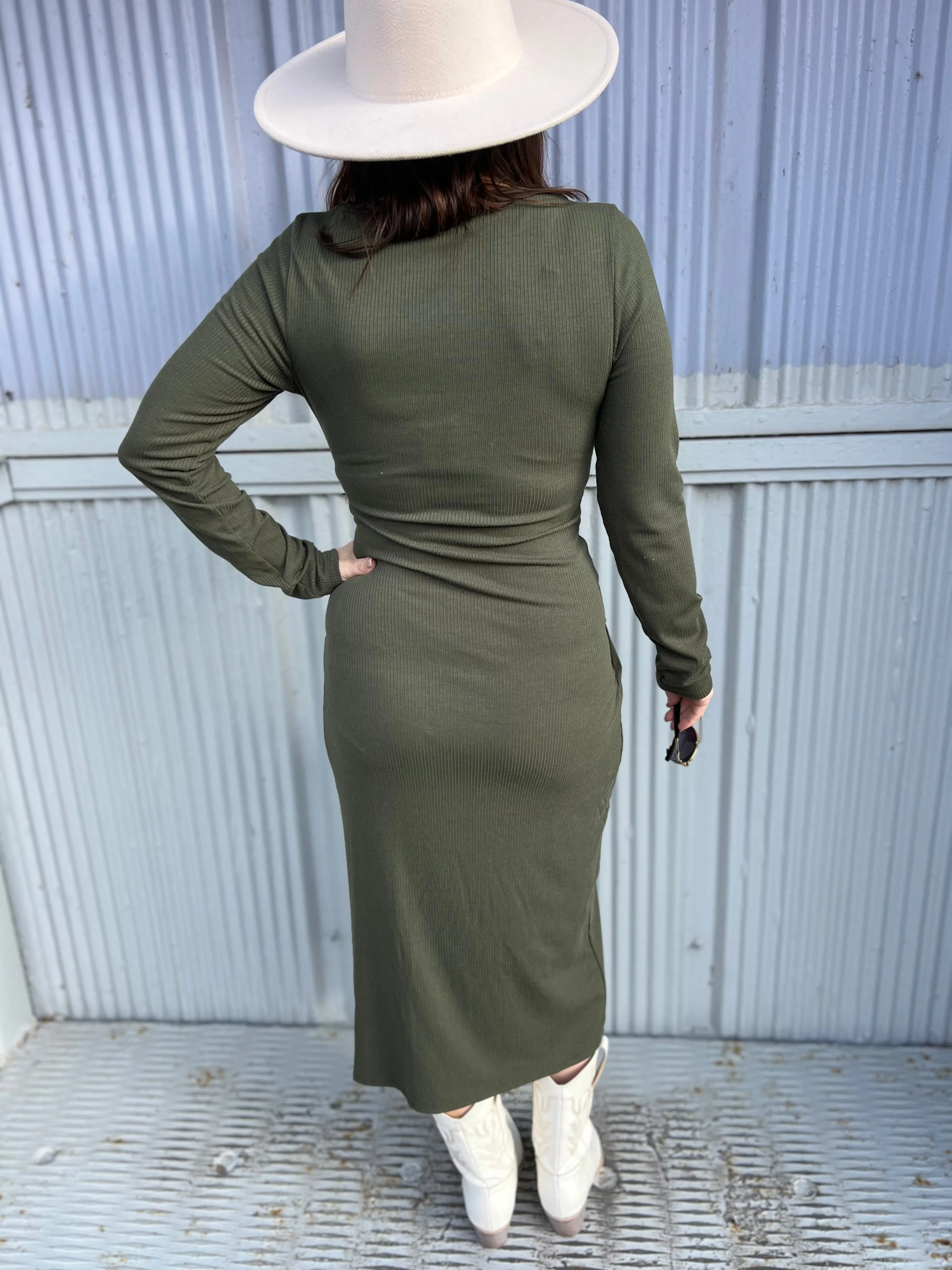 Long Sleeve Ribbed Overlap Detail Maxi Dress