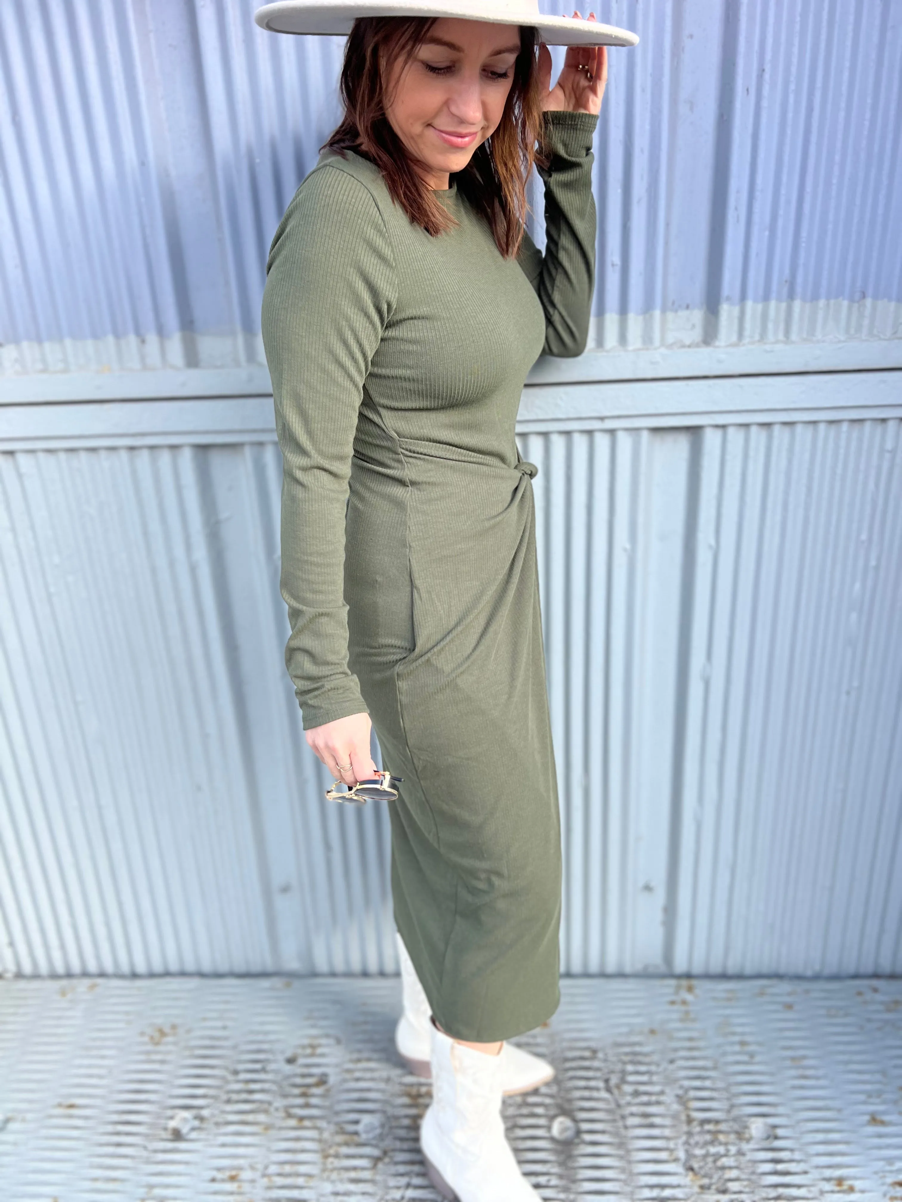 Long Sleeve Ribbed Overlap Detail Maxi Dress