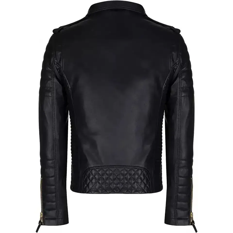 Men’s Black Leather Cafe Racer Quilted Biker Jacket
