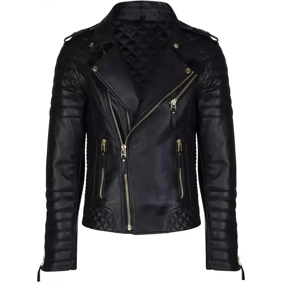 Men’s Black Leather Cafe Racer Quilted Biker Jacket