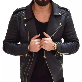 Men’s Black Leather Cafe Racer Quilted Biker Jacket