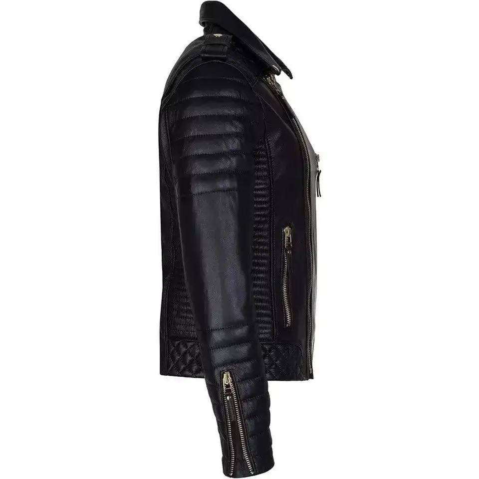 Men’s Black Leather Cafe Racer Quilted Biker Jacket