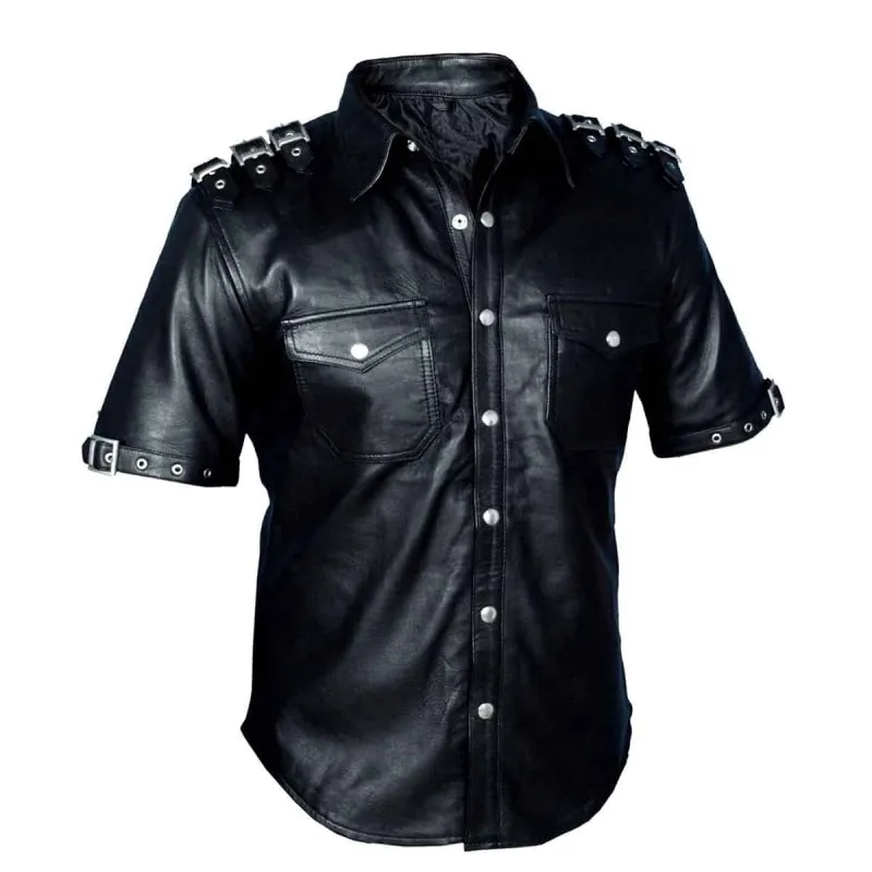 Men's Black Real Leather Police/Military style Short Sleeve Shirt
