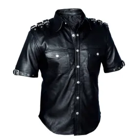 Men's Black Real Leather Police/Military style Short Sleeve Shirt