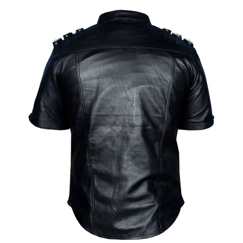 Men's Black Real Leather Police/Military style Short Sleeve Shirt